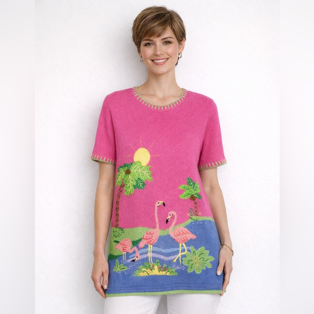 Vintage Quacker Factory Flamingo Tunic Sweater S Pink Palm Tree Top Hong Kong